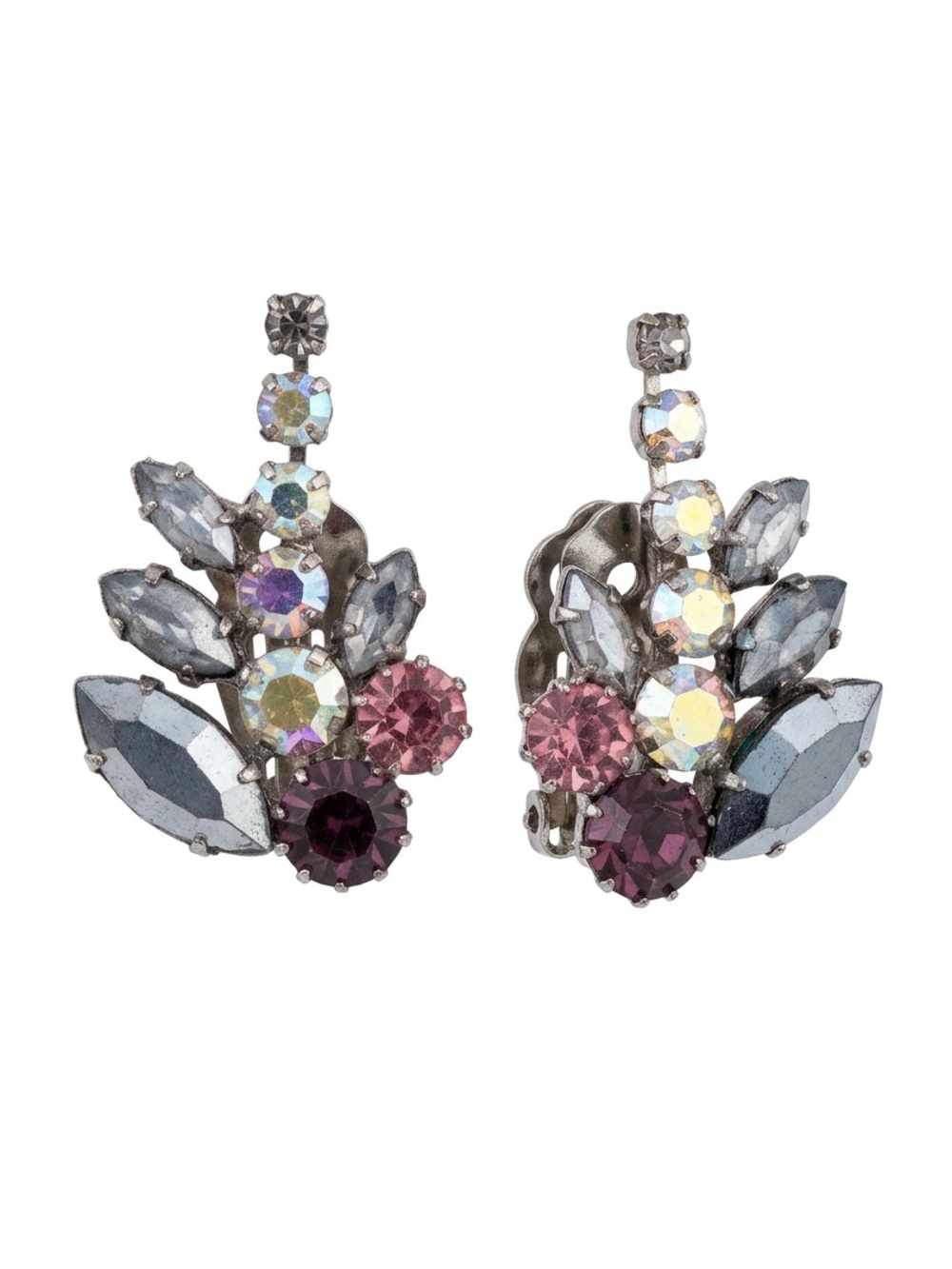 Vintage Aurora Crystal Cluster Clip-On Earrings - Pink & Iridescent